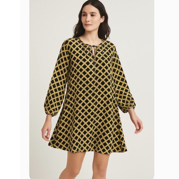 Totem Geometric Print Tunic Dress Retro Bold Print Size 2 Flowy Tie Waist Mod - Picture 1 of 13